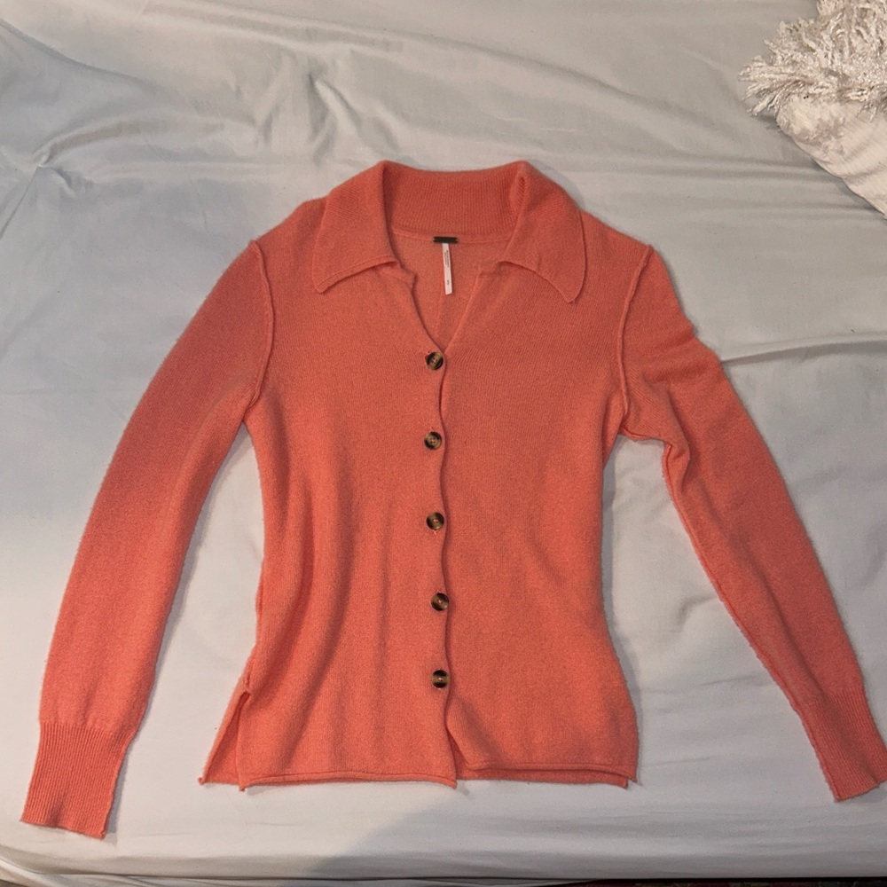 100% Cashmere Free People Coral Button-Up Cardigan